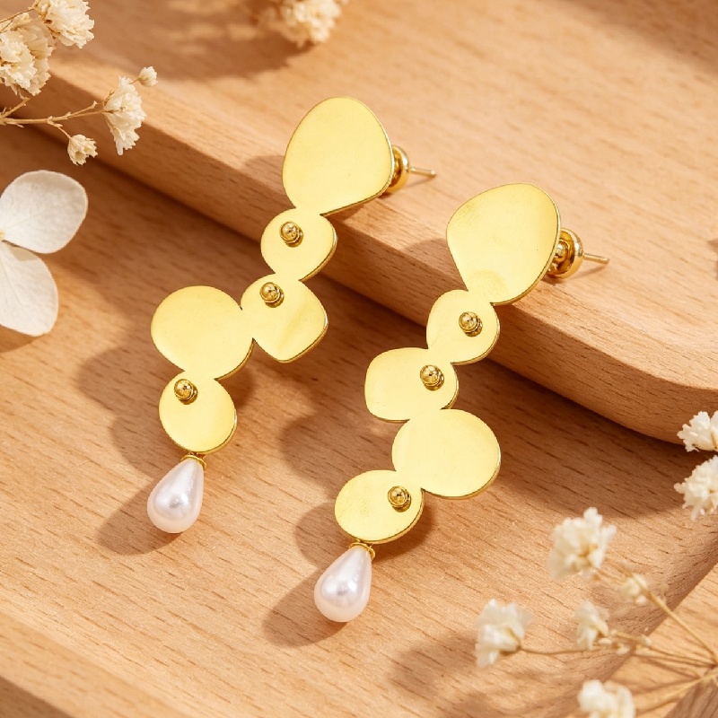 4pc Pearl Geometric Earrings Set, Stainless Steel